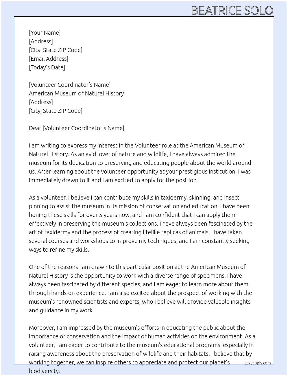 Volunteer  At American Museum of Natural History Cover Letter