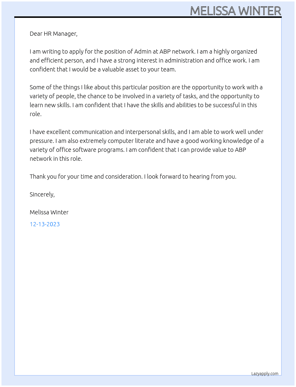 Admin  At ABP network Cover Letter