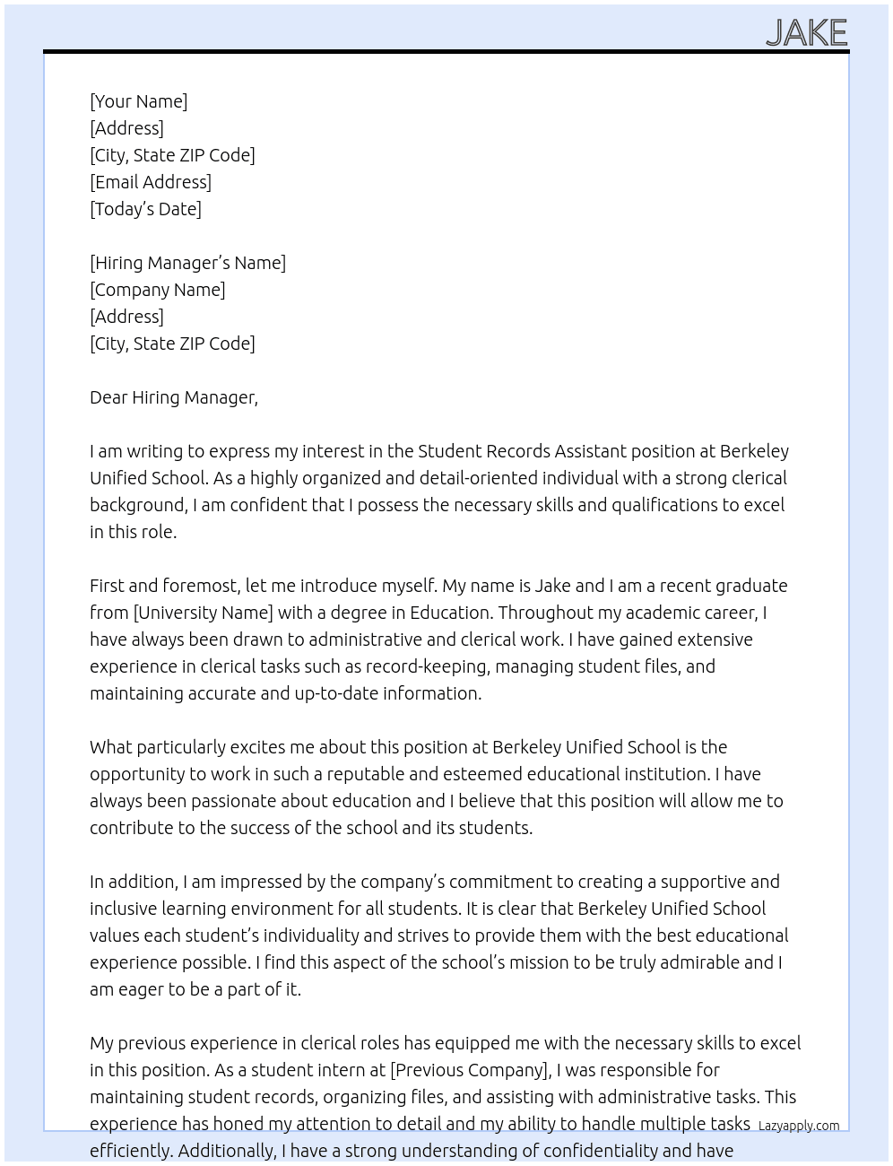 Student Records Assistant At Berkeley Unified School Cover Letter