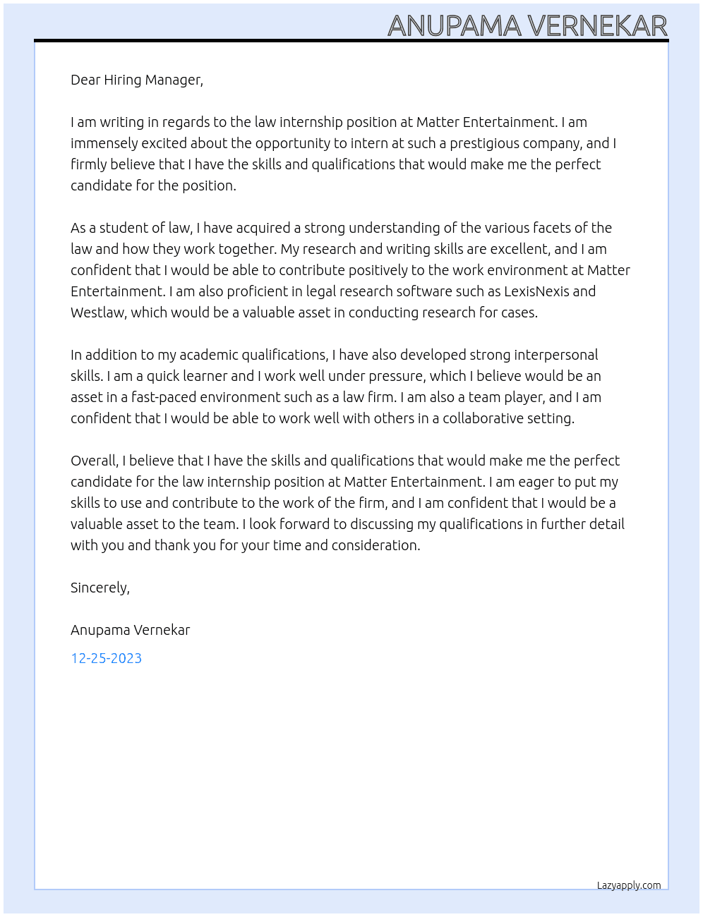 law internship At Matter entertainment Cover Letter