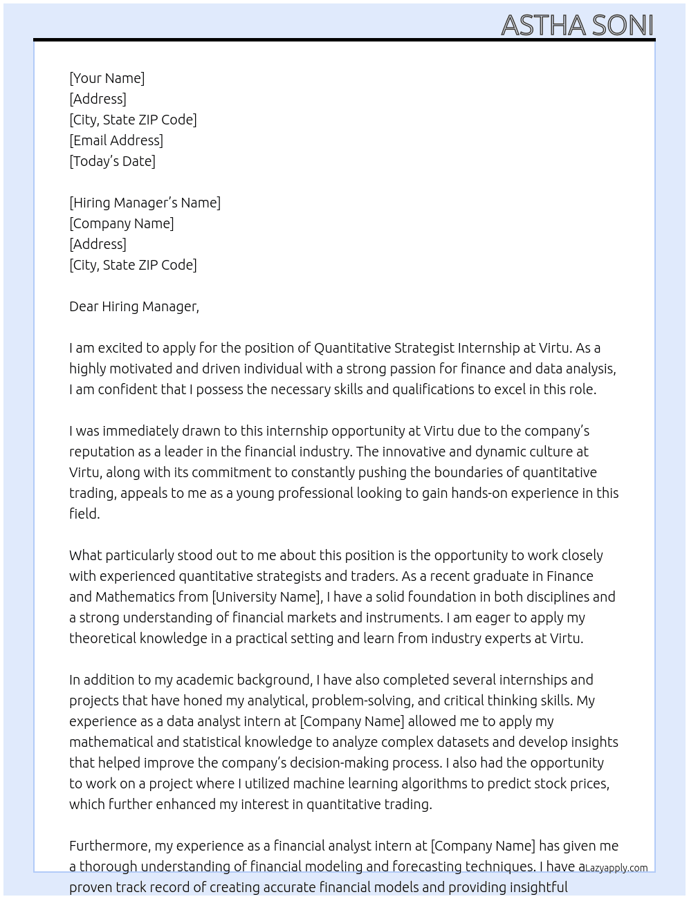QUANTITATIVE STRATEGIST INTERNSHIP At Virtu Cover Letter