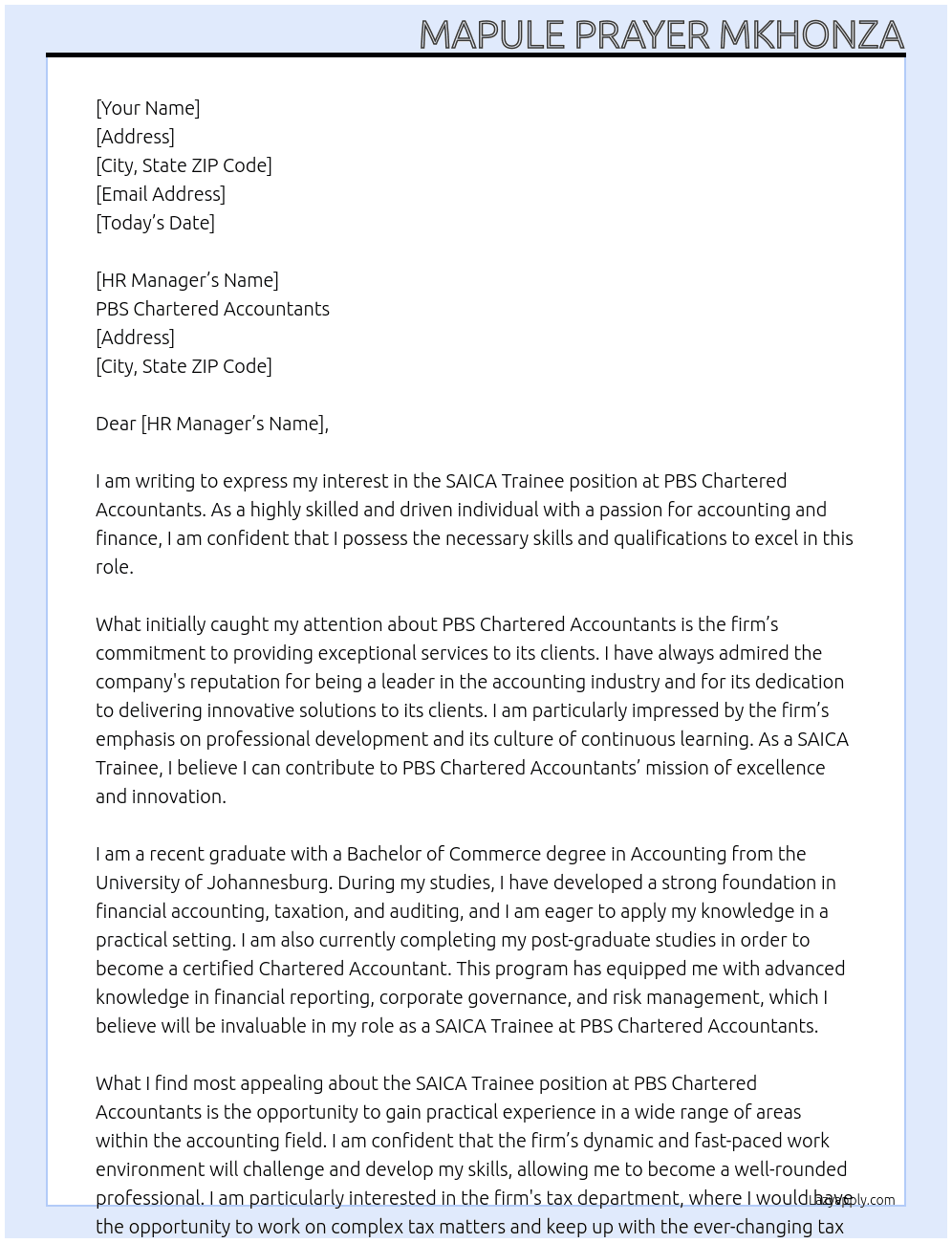 SAICA Trainee At PBS Chartered Accountants  Cover Letter