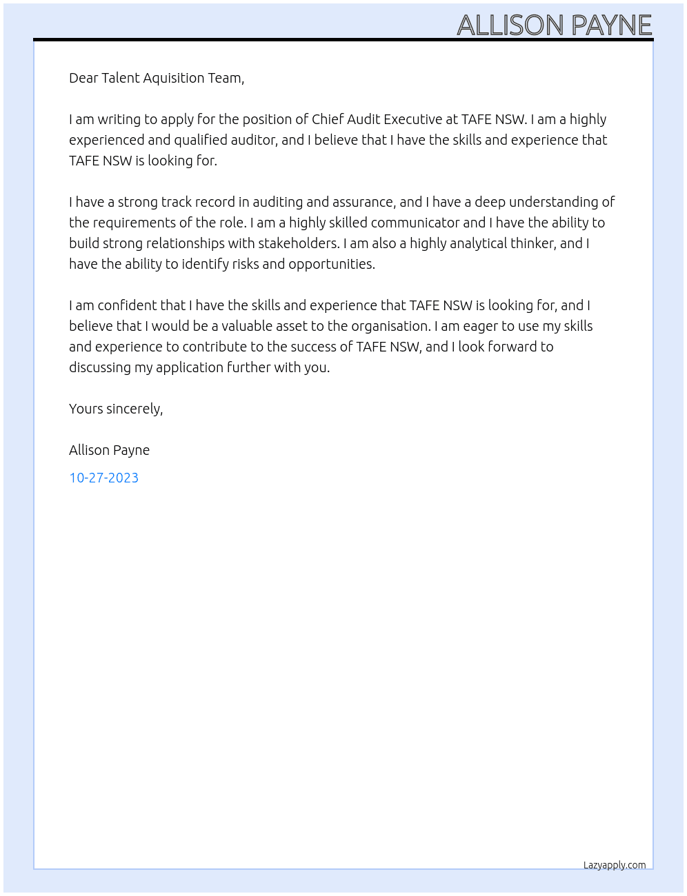 Chief Audit Executive At TAFE NSW Cover Letter
