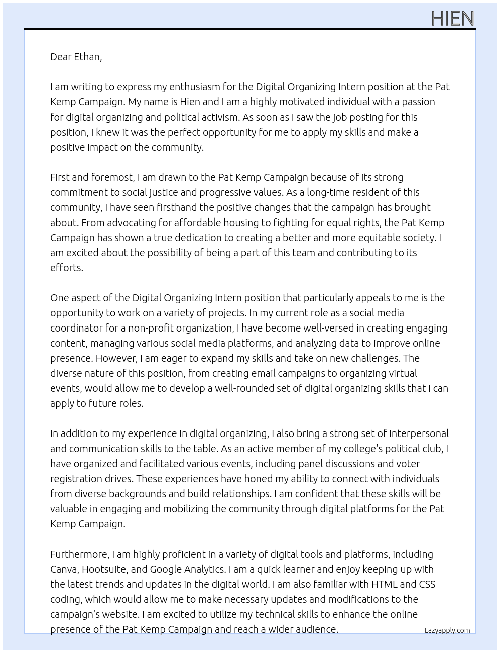 digital organizing intern At Pat Kemp Campaign Cover Letter