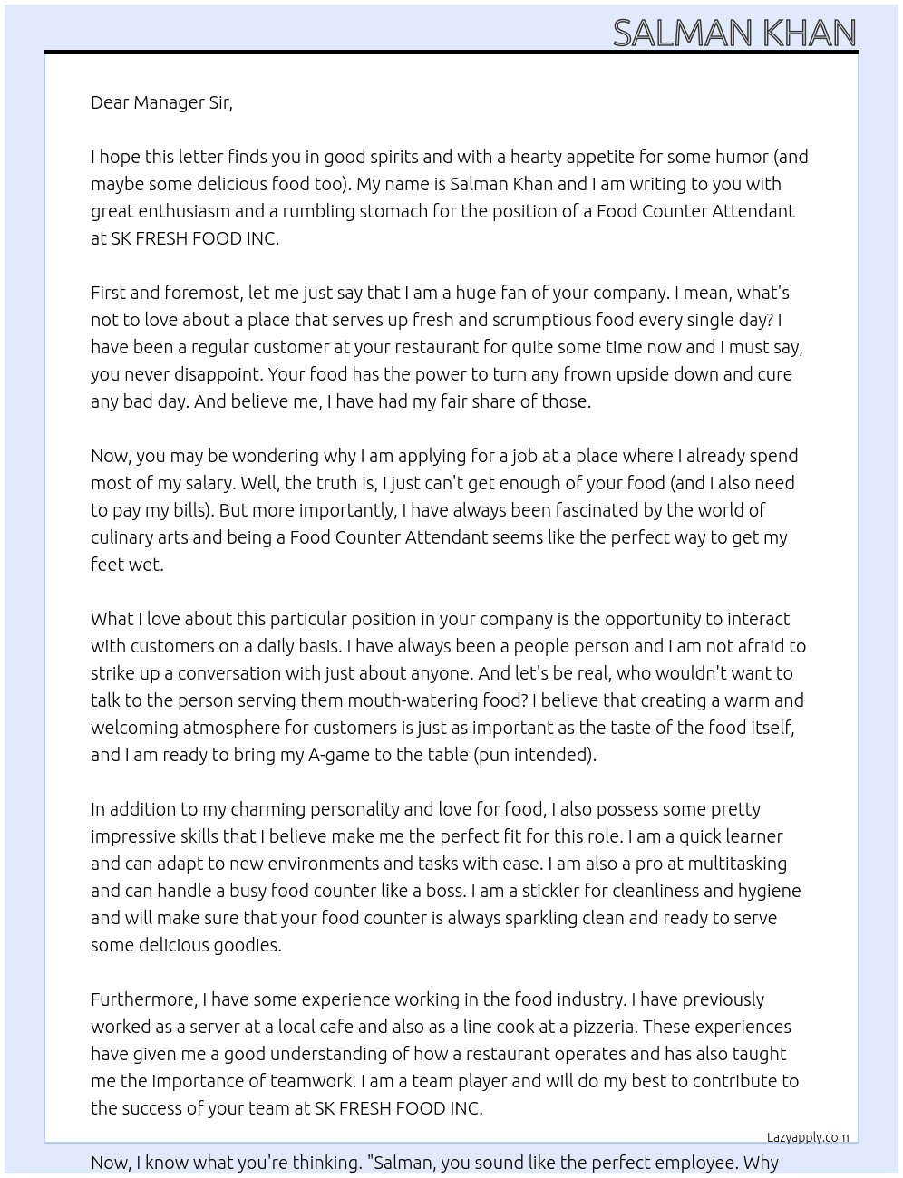 Food counter attendant  At SK FRESH FOOD INC. Cover Letter