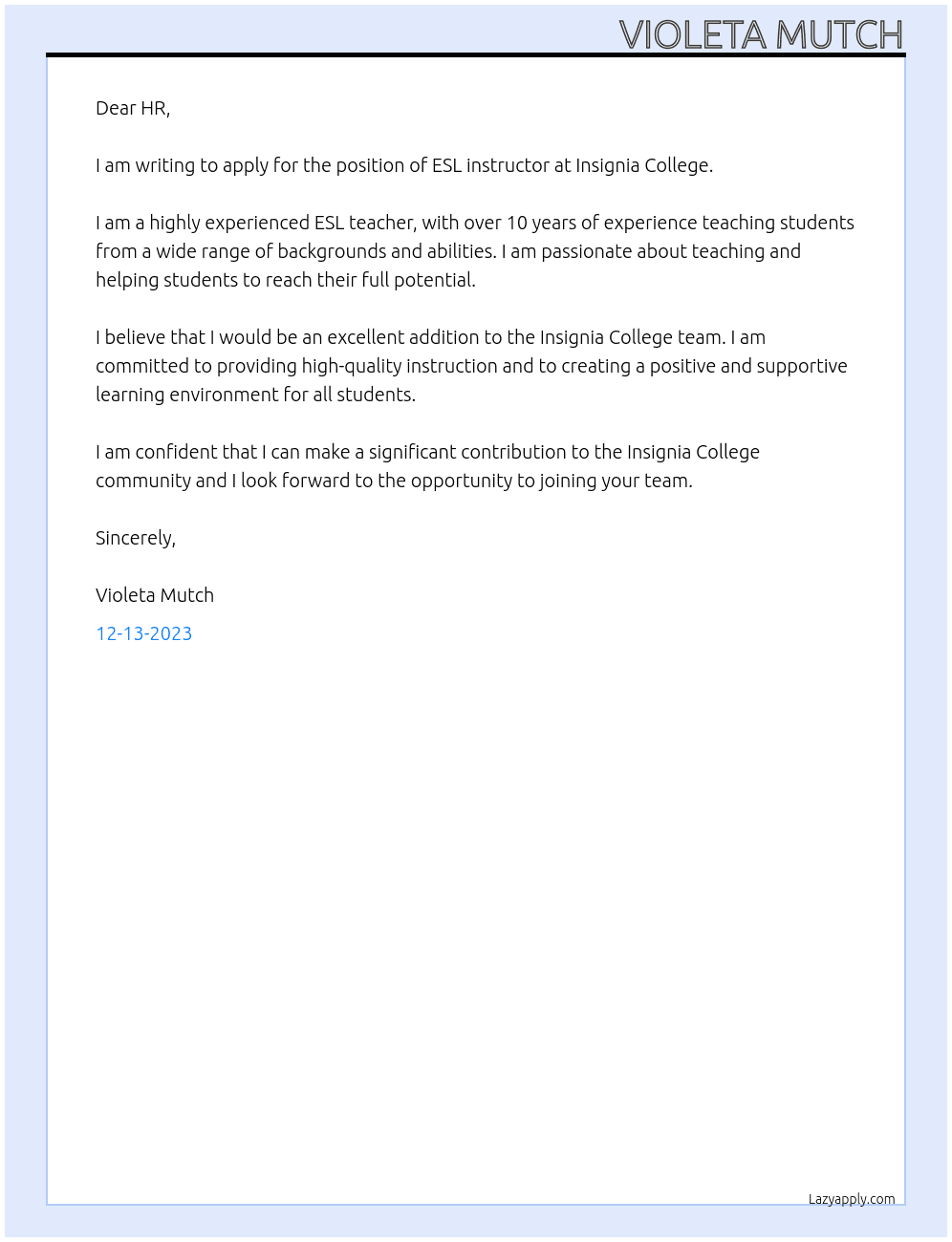 ESL instuctor At Insignia college Cover Letter