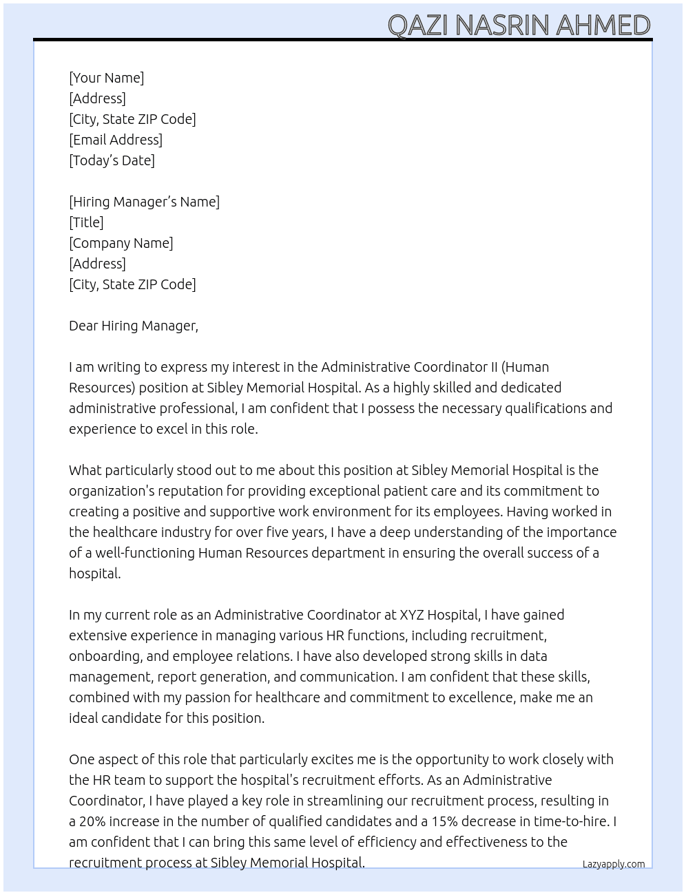 Administrative Coordinator II (Human Resources) At Sibley Memorial Hospital Cover Letter