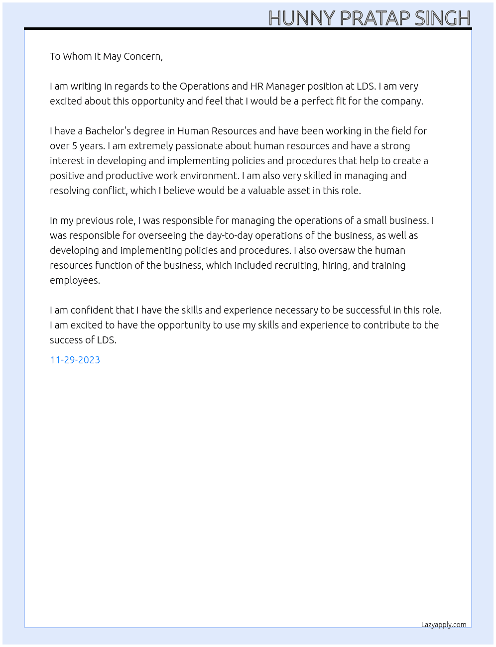 operatons and hr manager At LDS Cover Letter