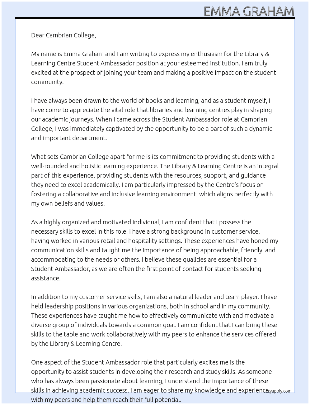 Library & Learning Centre Student Ambassador At Cambrian College Cover Letter