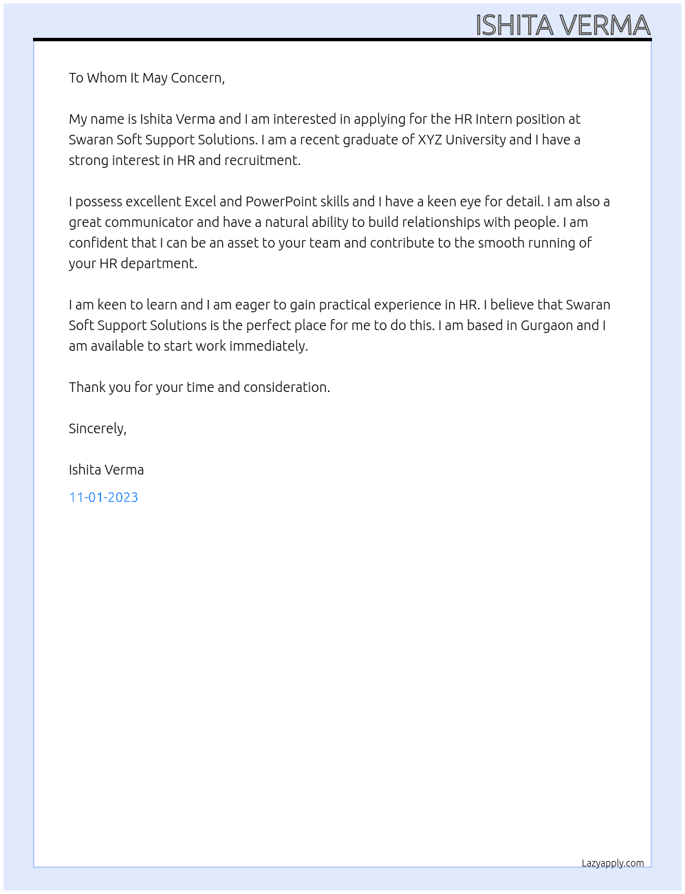 Hr intern At Swaran soft  support solutions Cover Letter