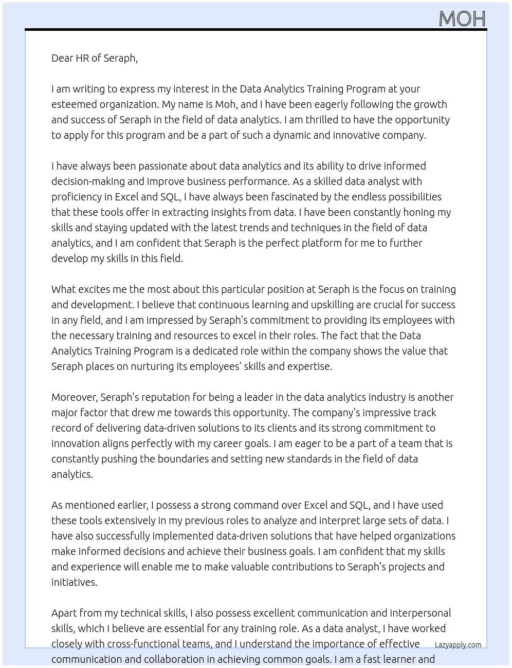 Data analytics training program At Seraph Cover Letter