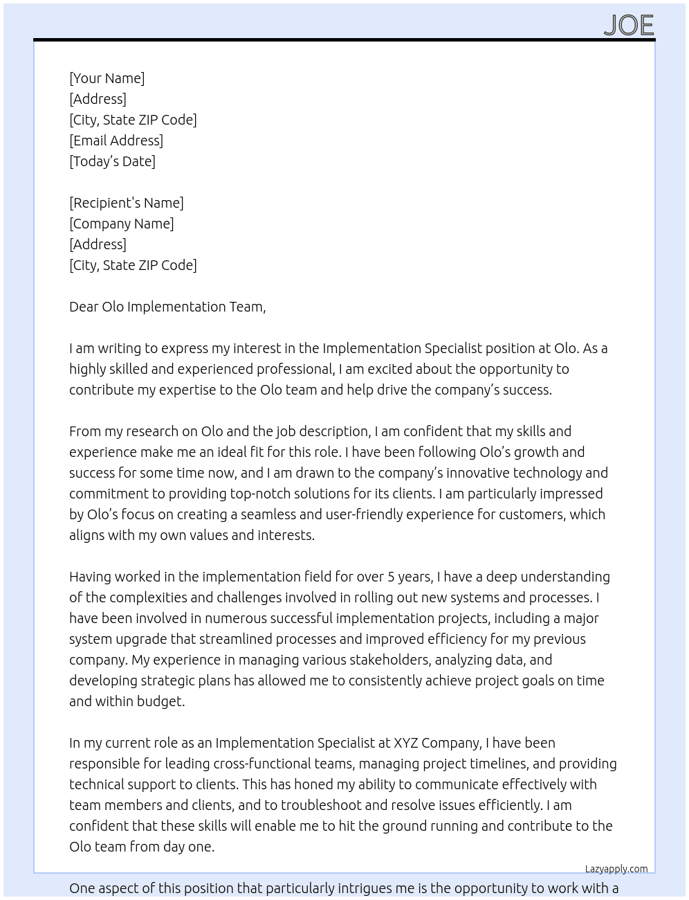 Implementation Specialist At Olo Cover Letter