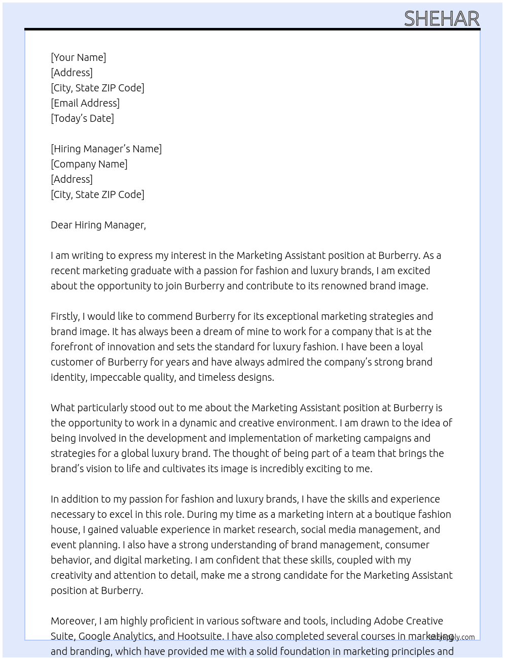 Marketing Assistant At Burberry Cover Letter