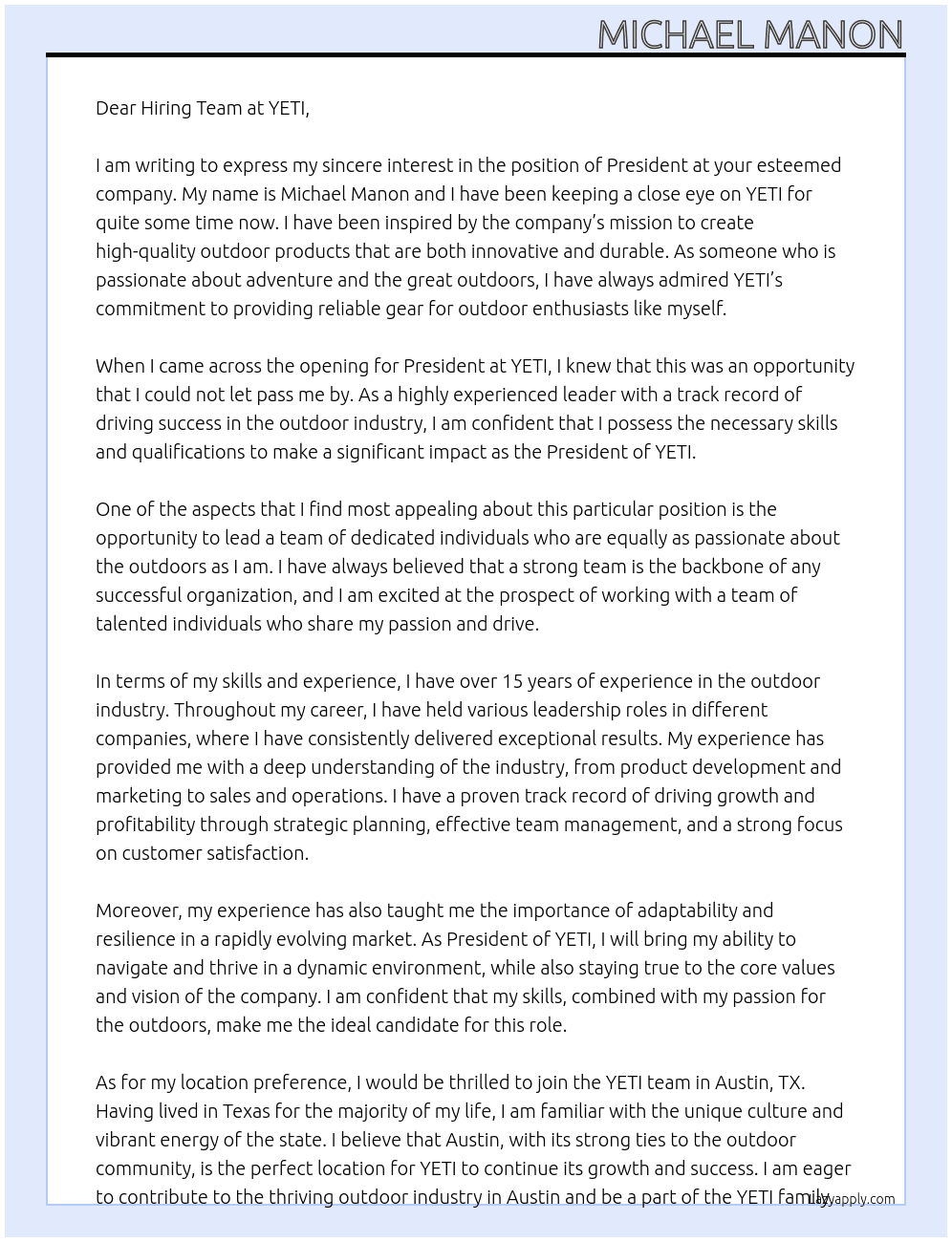 President At YETI Cover Letter