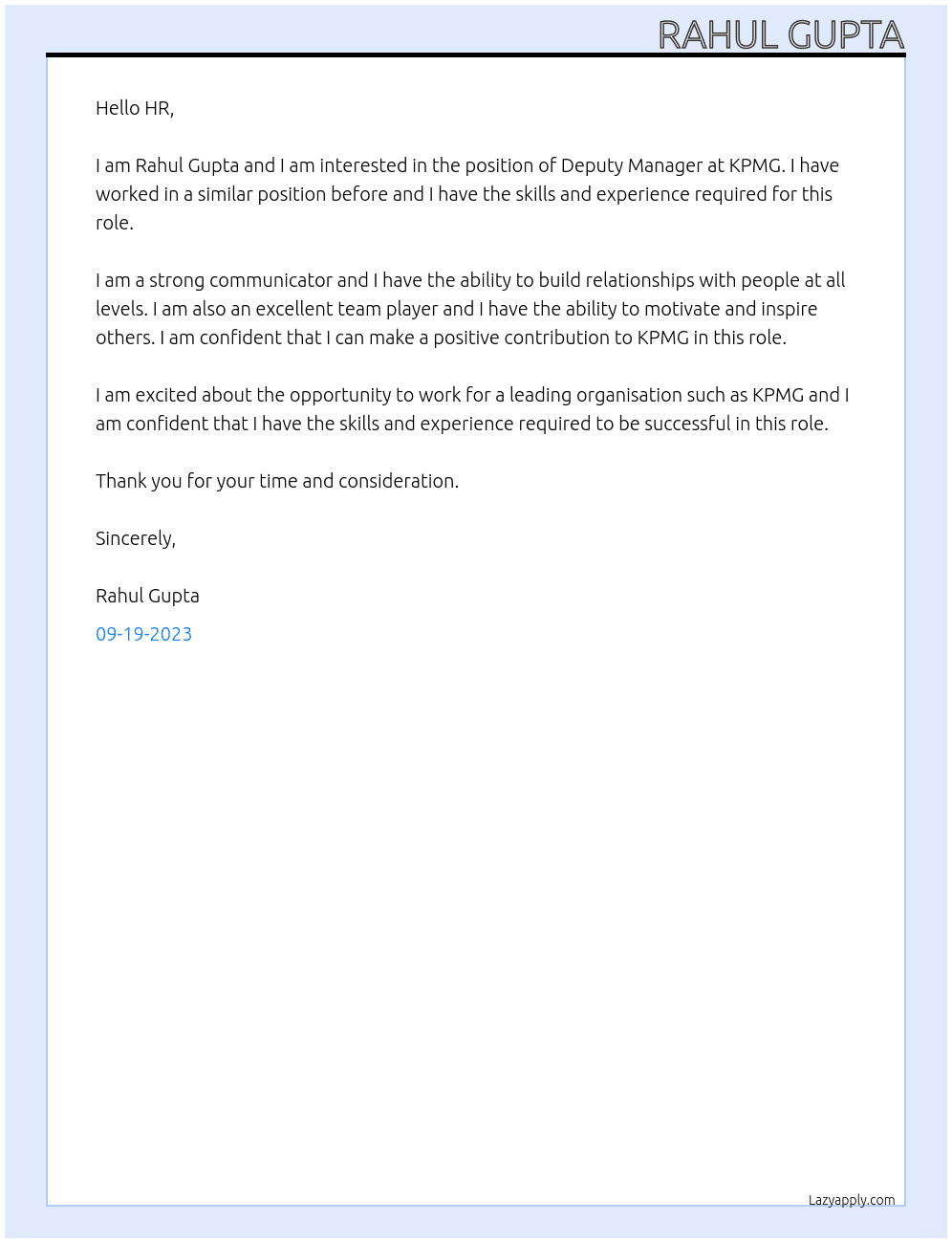 Deputy Manager At KPMG Cover Letter
