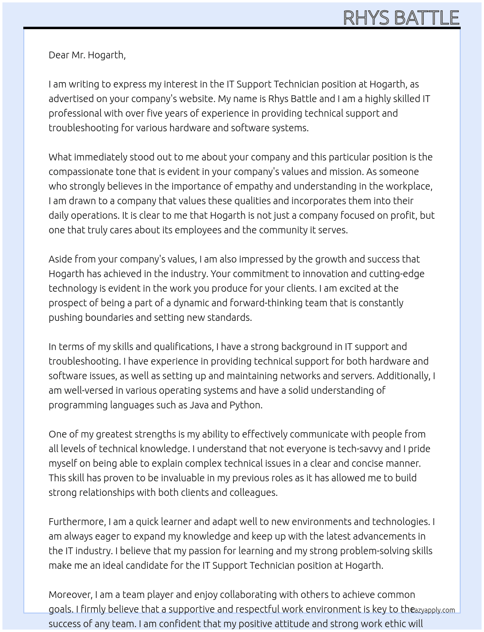 it support technician At hogarth Cover Letter