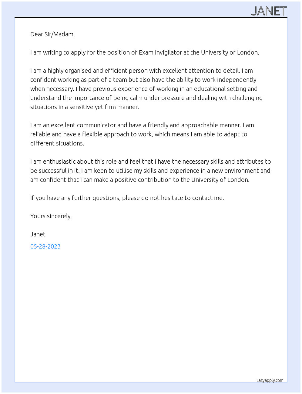 Exam Invigilator At University of London Cover Letter