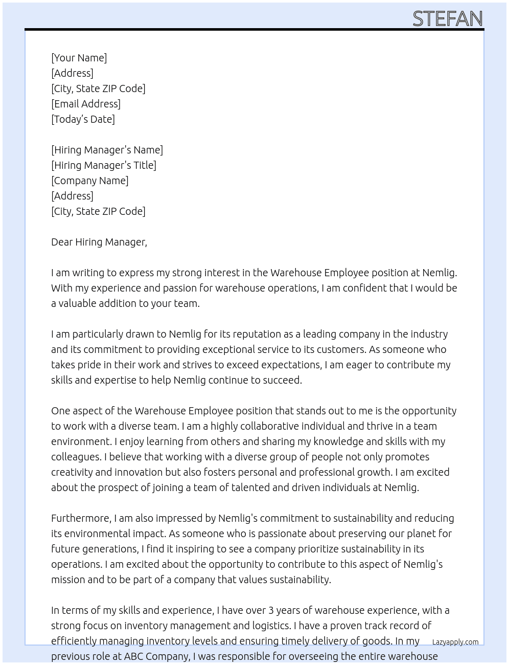 Warehouse employee At Nemlig Cover Letter