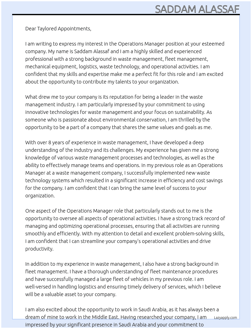 Operations manager At Not mentioned in the website Cover Letter