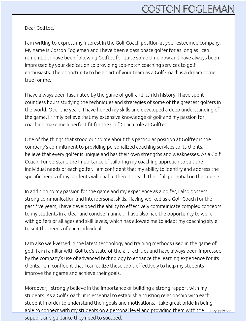 Golf Coach  At Golftec Cover Letter