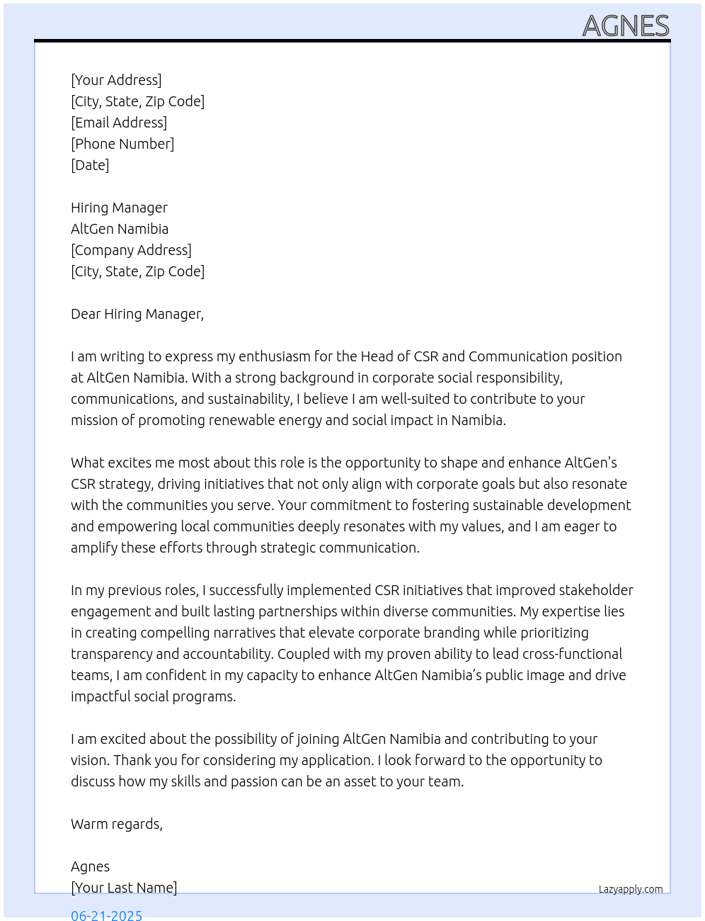 Head of CSR and Communication At ALtGen Namibia Cover Letter