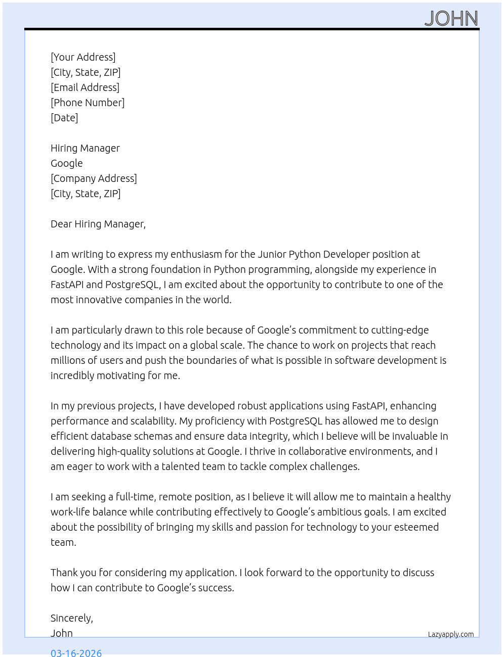Cover letter for junior python developer - LazyApply