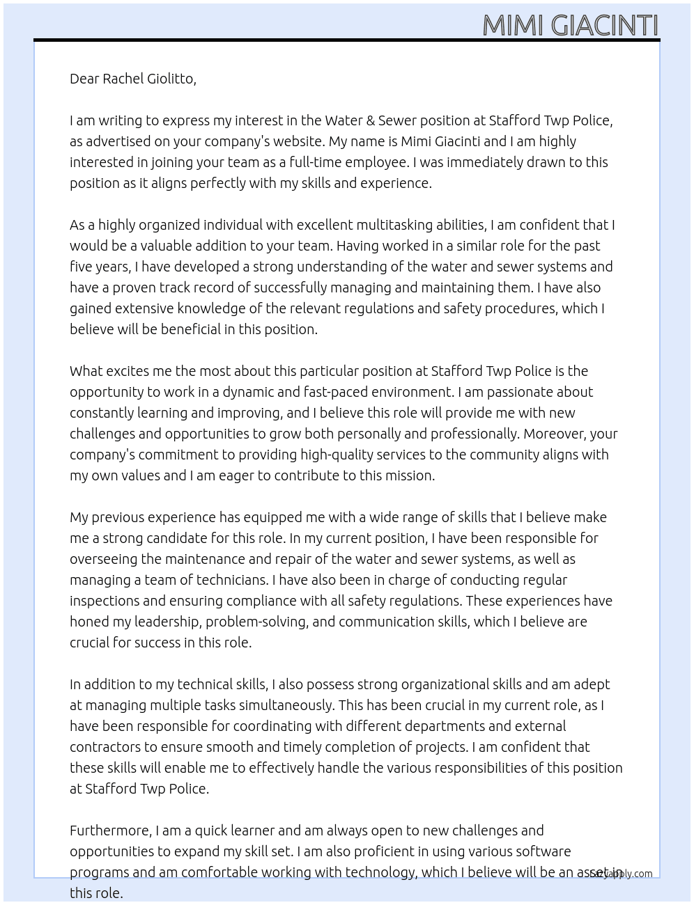 Water & sewer  At Stafford Twp police  Cover Letter