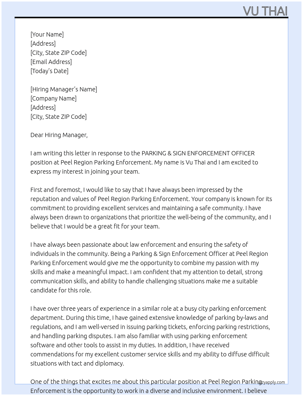 PARKING & SIGN ENFORCEMENT OFFICER At Peel Region Parking Enforcement Cover Letter
