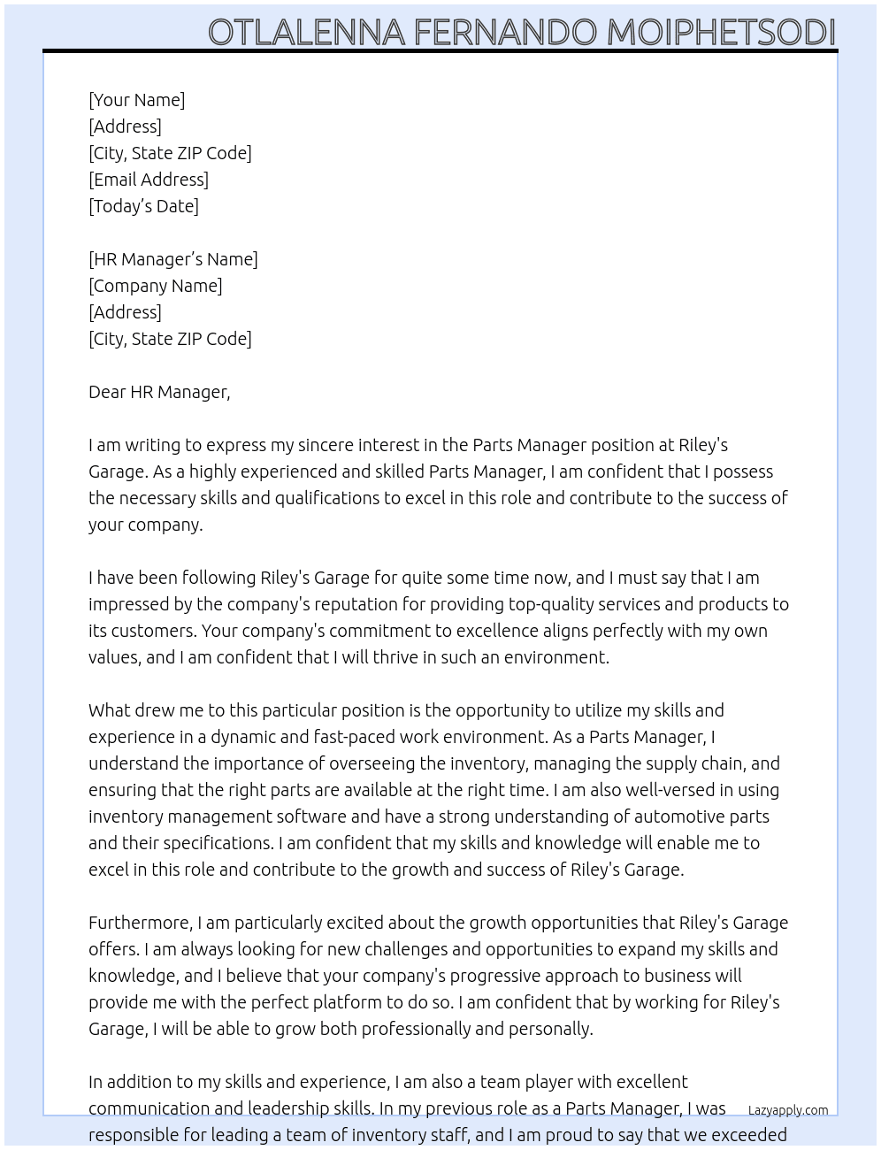 Parts Manager At Riley's Garage Cover Letter