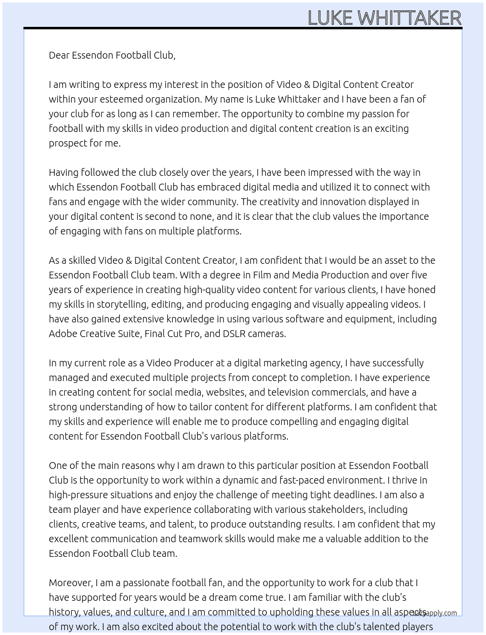 Video & Digital Content Creator At Essendon Football Club Cover Letter