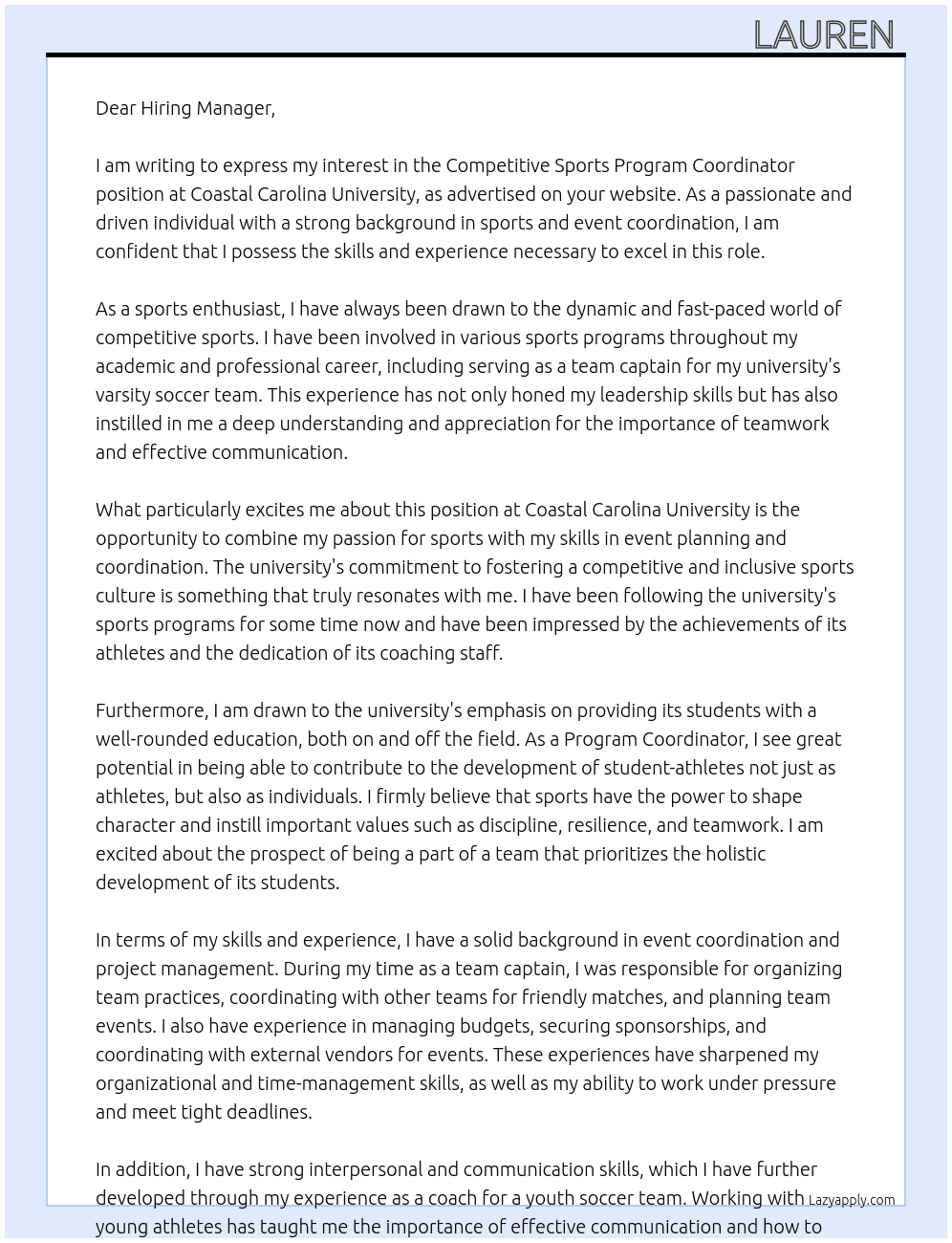 Competitive Sports Program Coordinator At Coastal Carolina University Cover Letter
