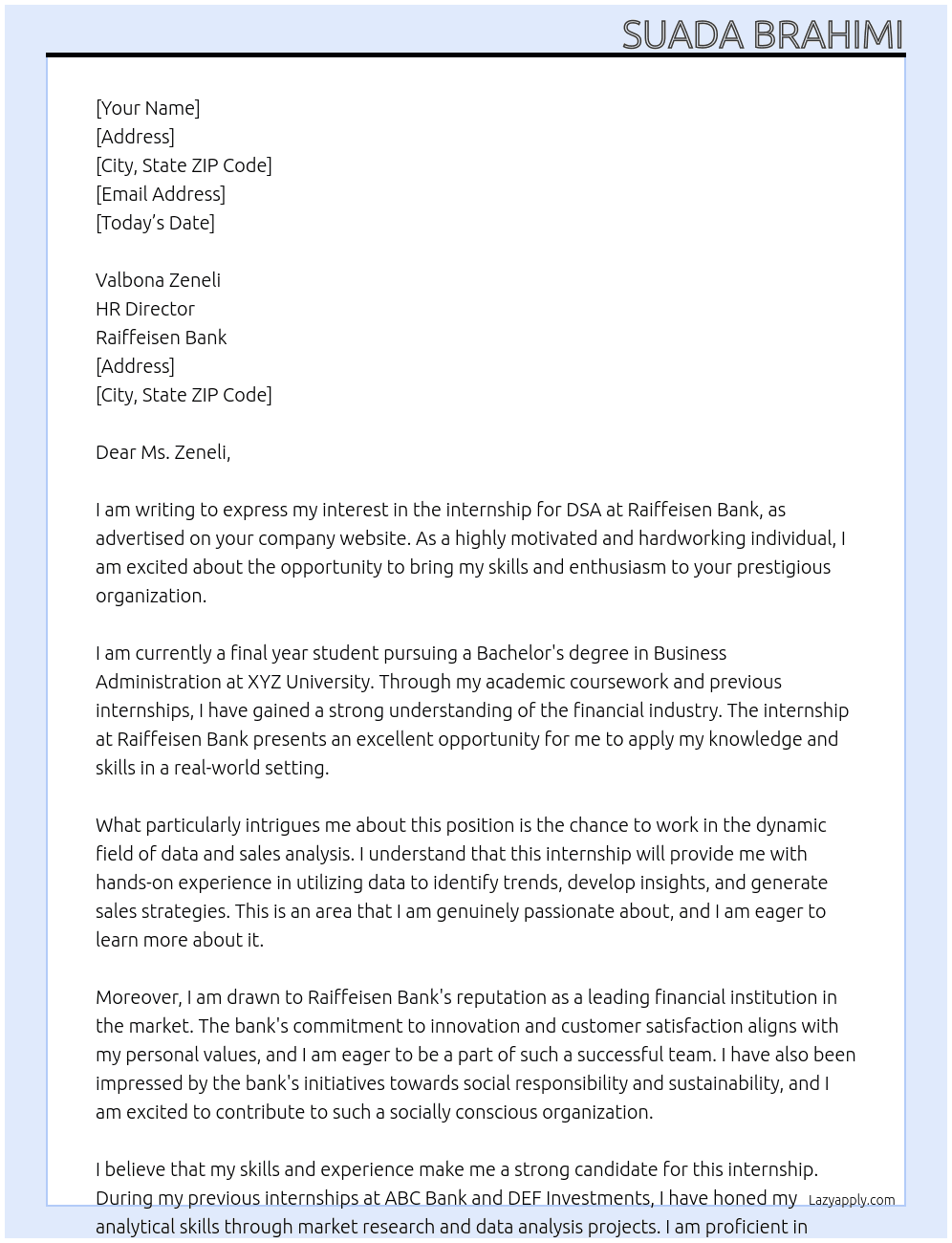 Internship for DSA At Raiffeisen Bank Cover Letter