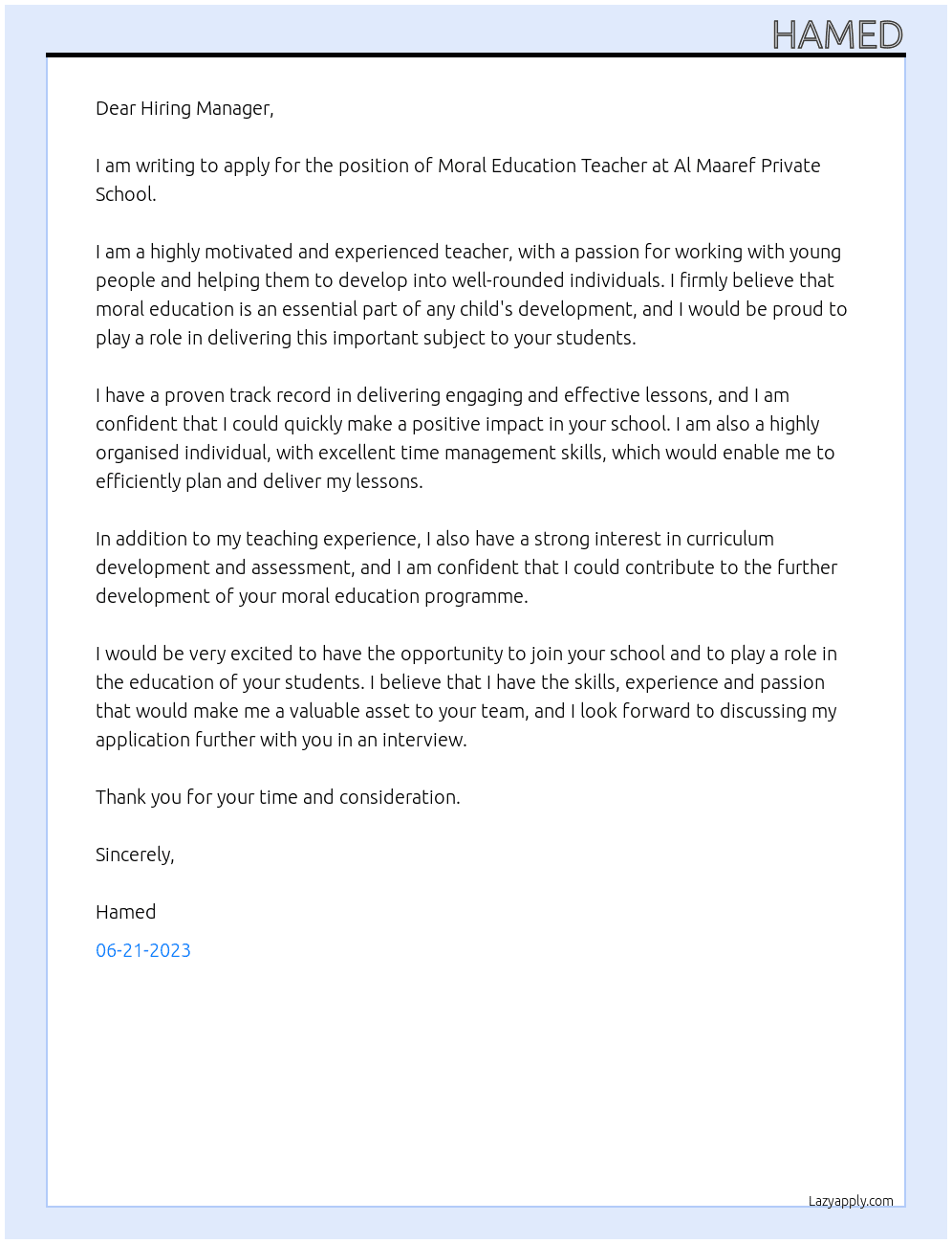 Moral Education Teacher At Al Maaref Private School Cover Letter