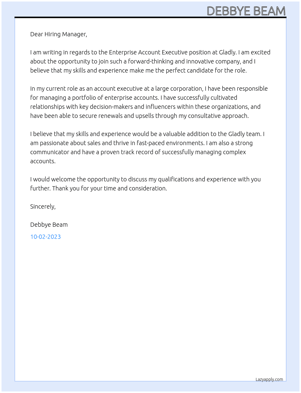 Enterprise Account Executive  At Gladly  Cover Letter