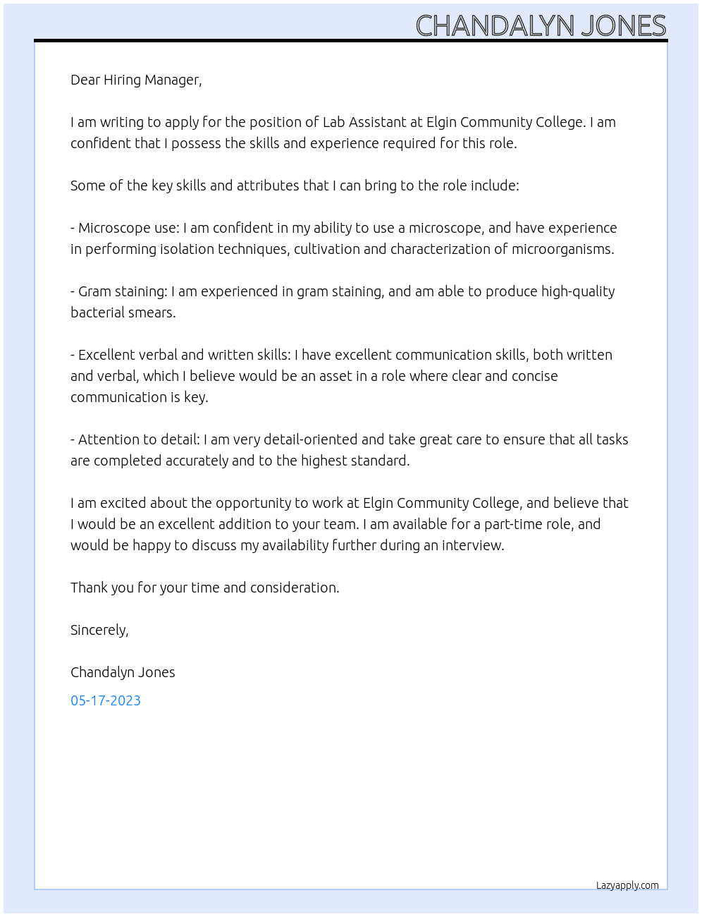 Lab assistant At Elgin Community college Cover Letter