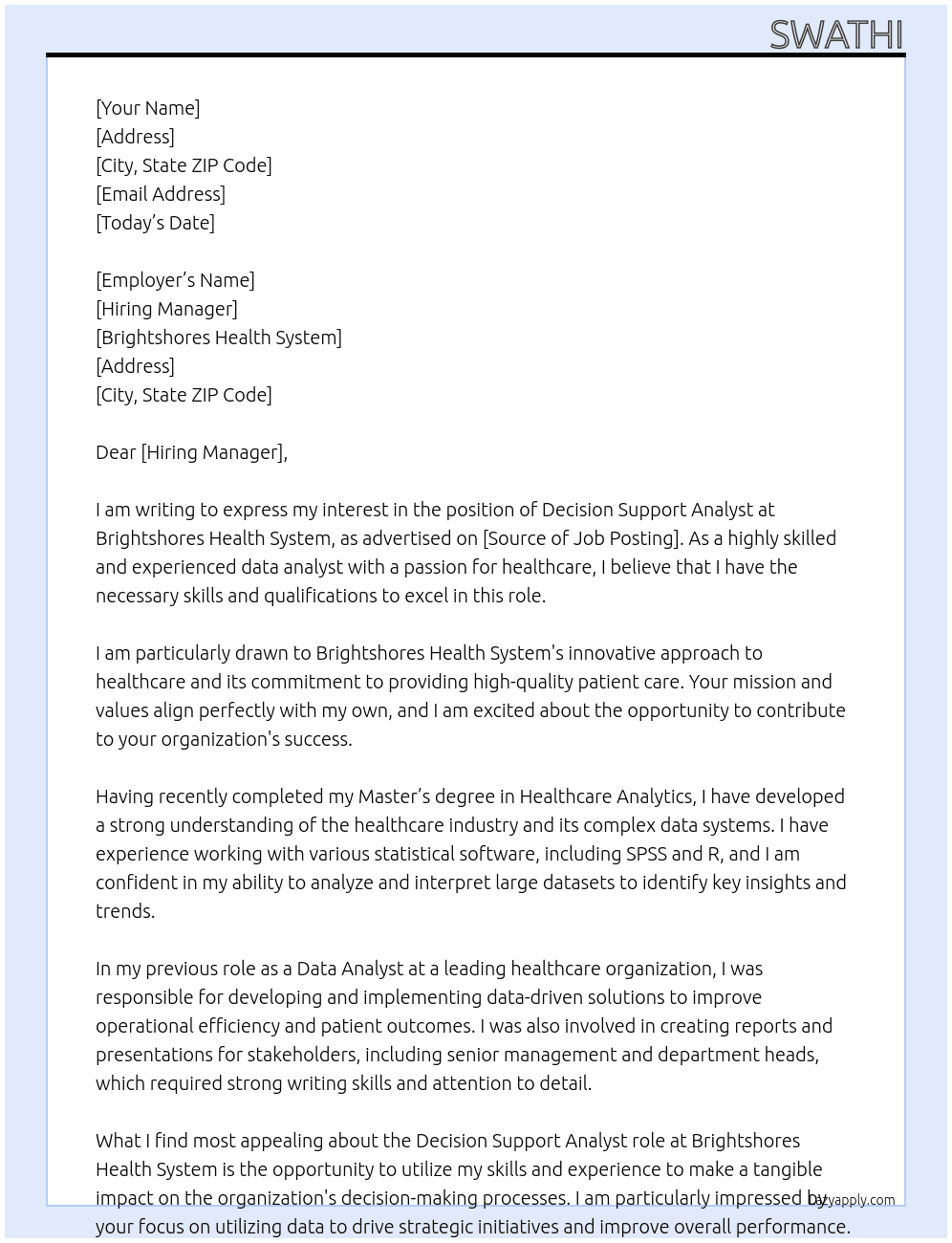 decision support analyst At Brightshores health system Cover Letter