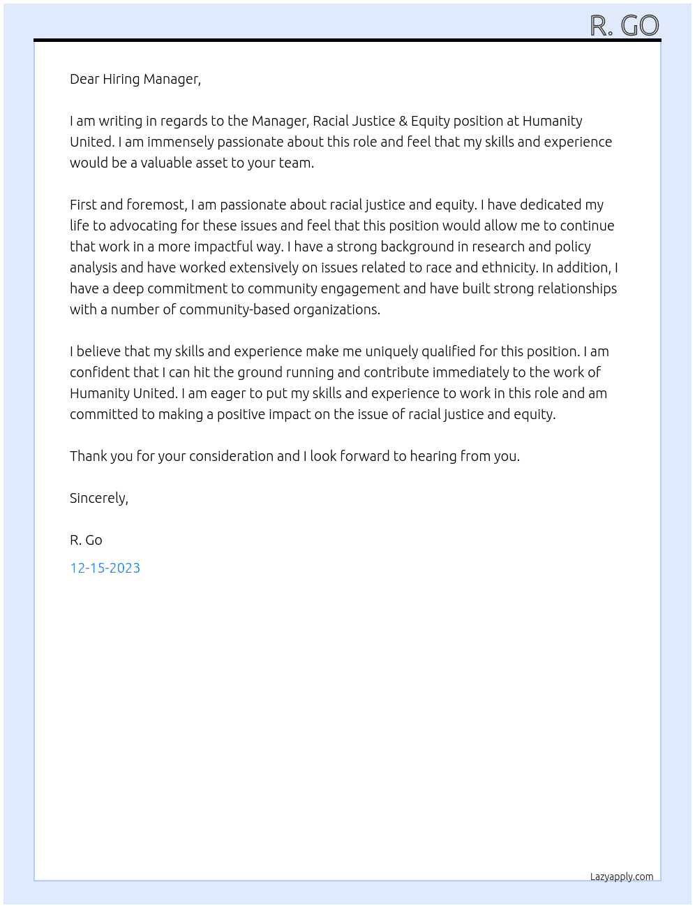Manager, Racial Justice & Equity At Humanity United Cover Letter
