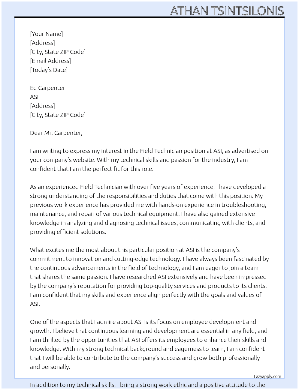 Field Technician At ASI  Cover Letter