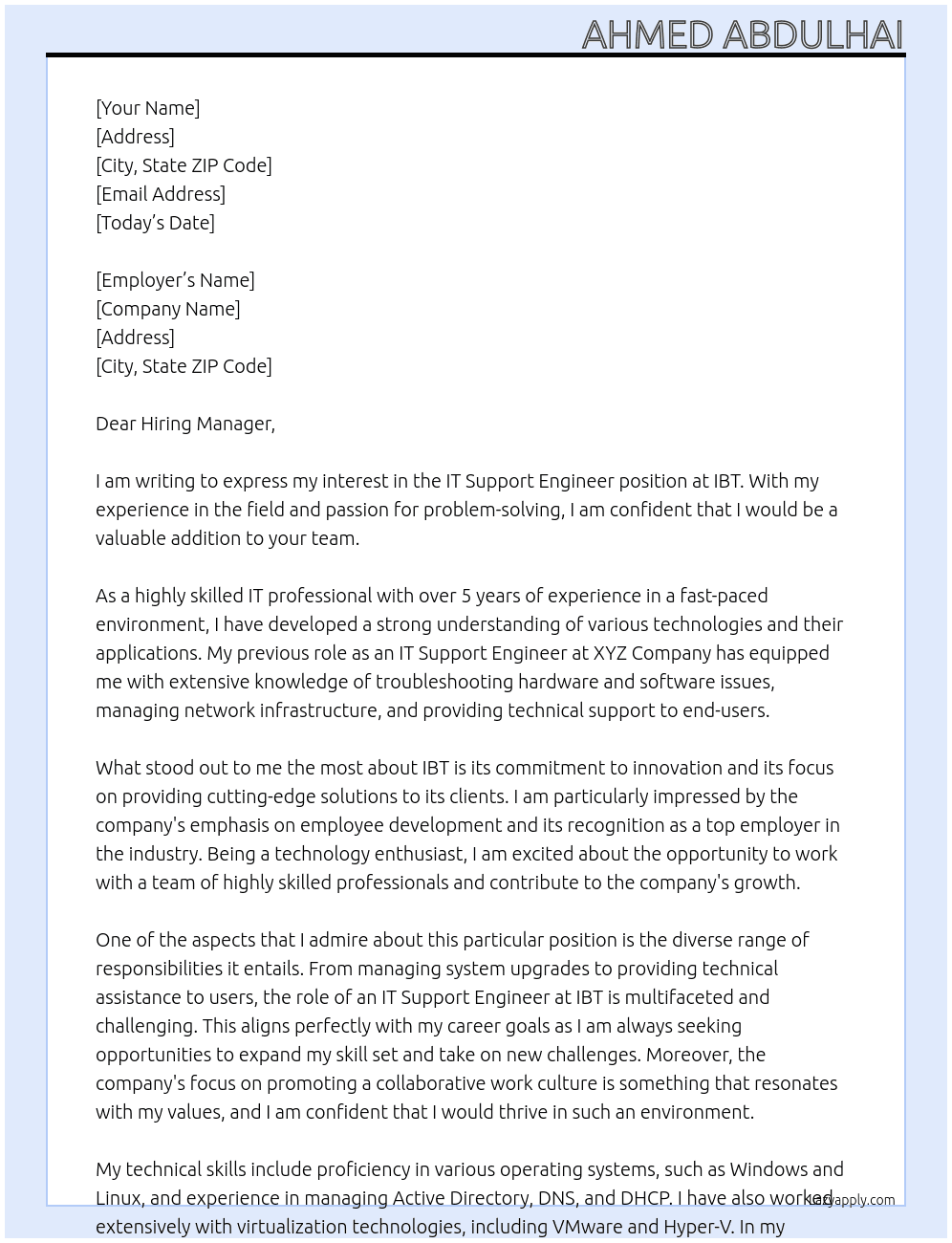 IT support engineer  At IBT Cover Letter
