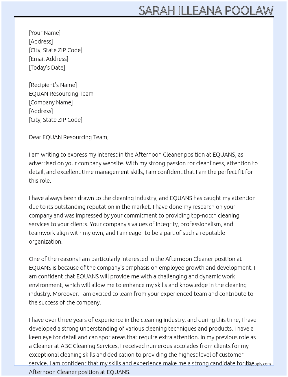 Afternoon Cleaner At EQUANS Cover Letter