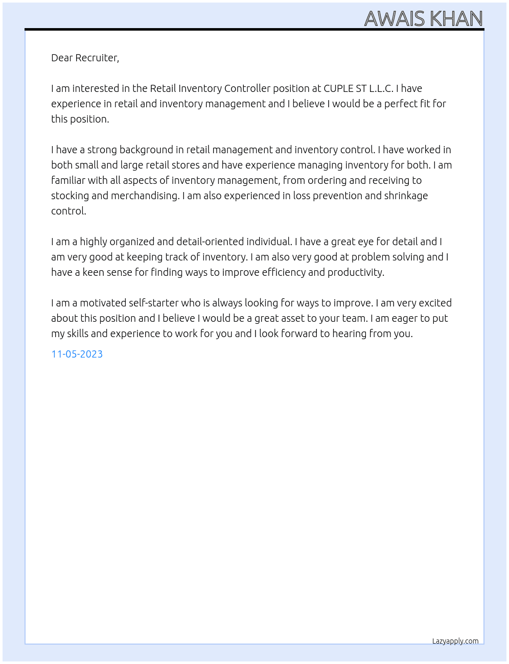 Retail Inventory Controller At CUPLE ST L.L.C. Cover Letter