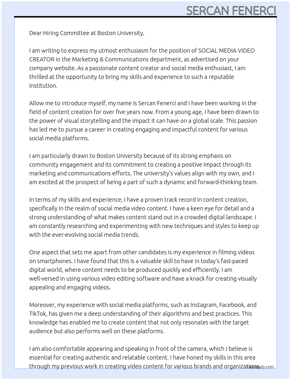 SOCIAL MEDIA VIDEO CREATOR, Marketing & Communications, Community Engagement At Boston University Cover Letter