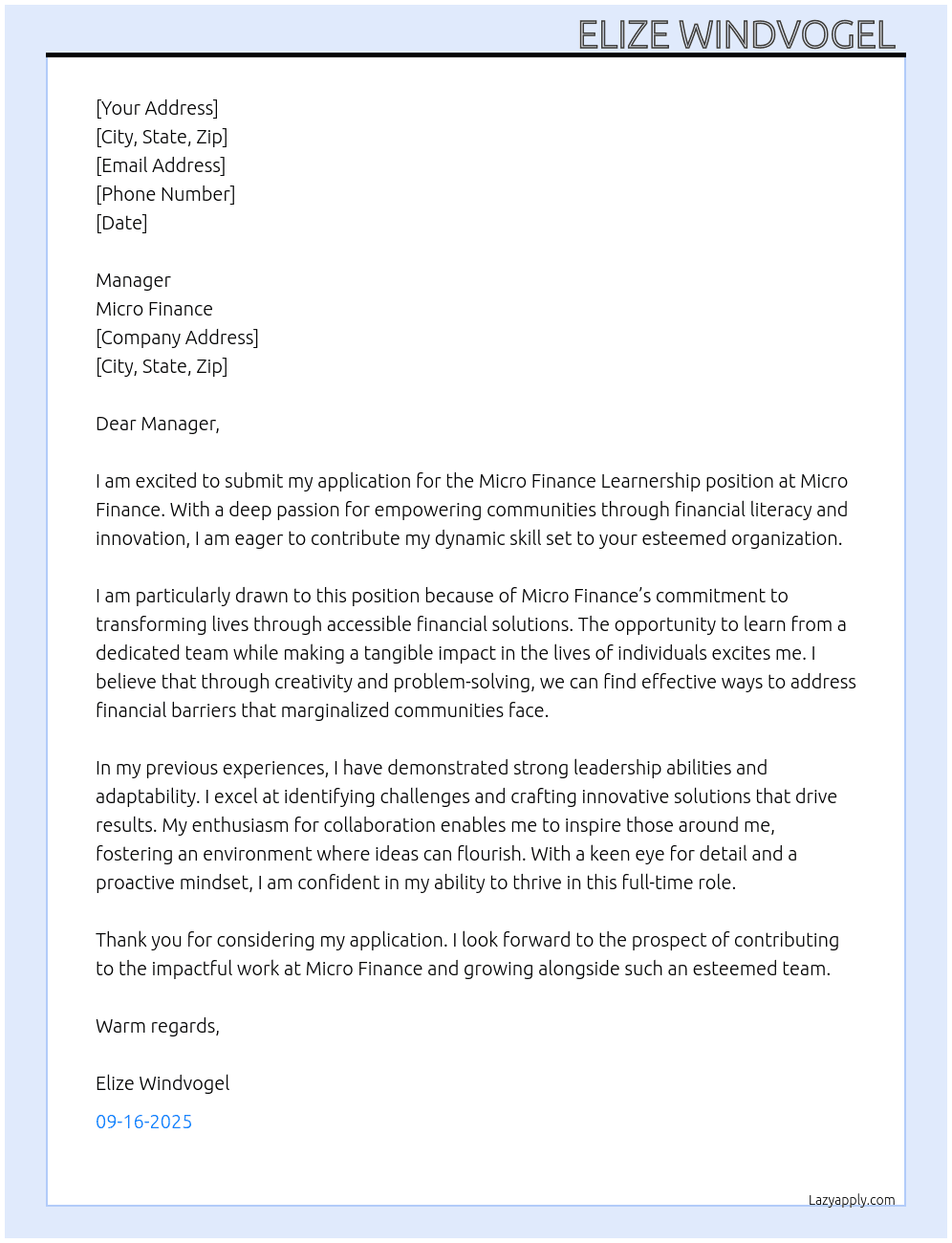 Cover letter for micro finance learnership - LazyApply