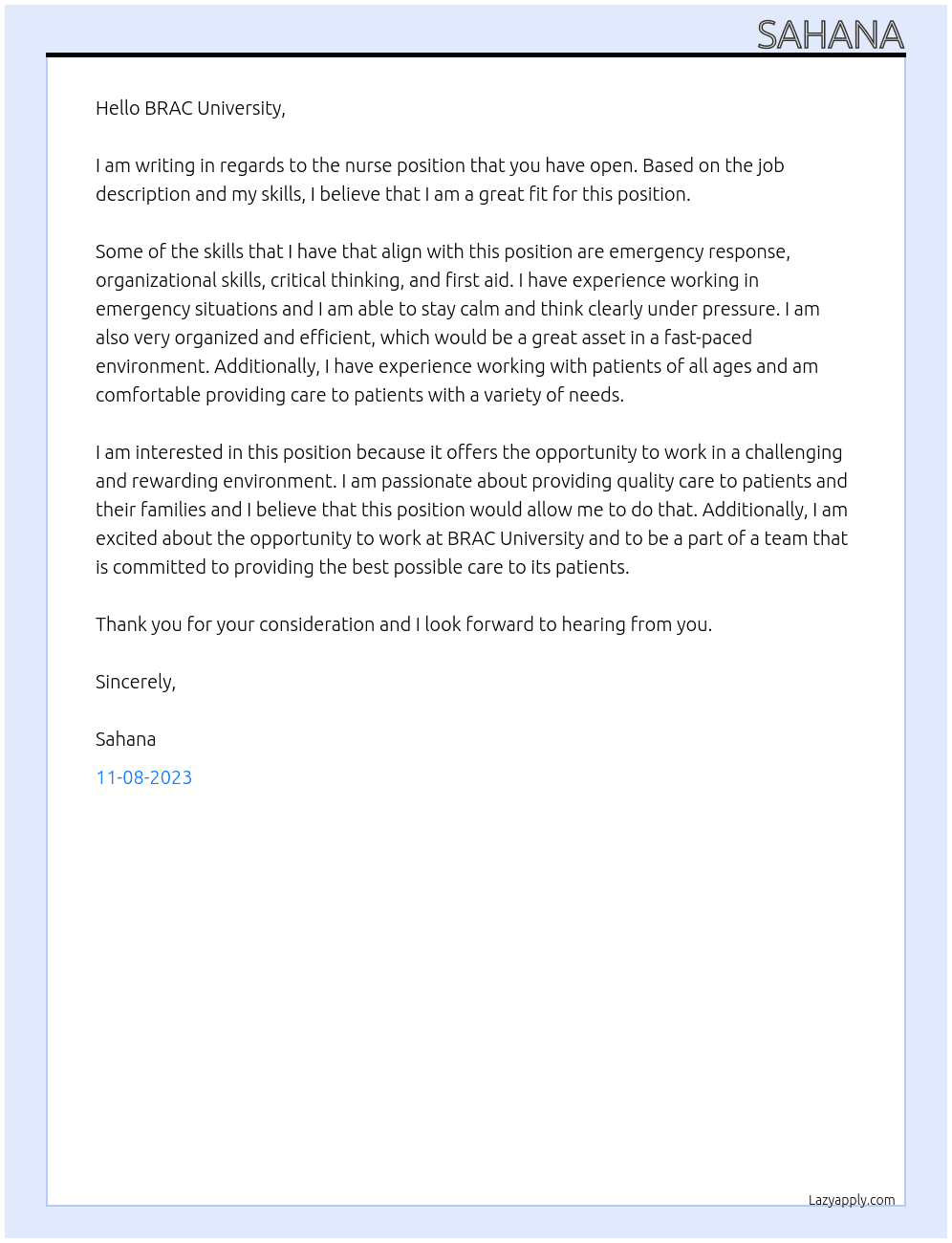 NURSE At BRAC University Cover Letter