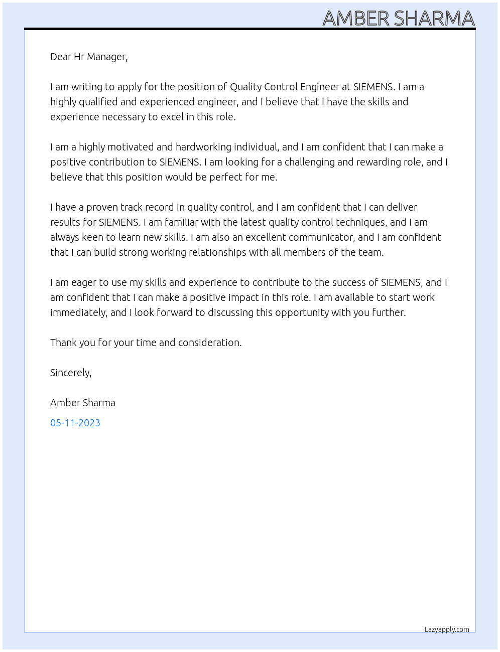 Quality Control Engineer At SIEMENS Cover Letter