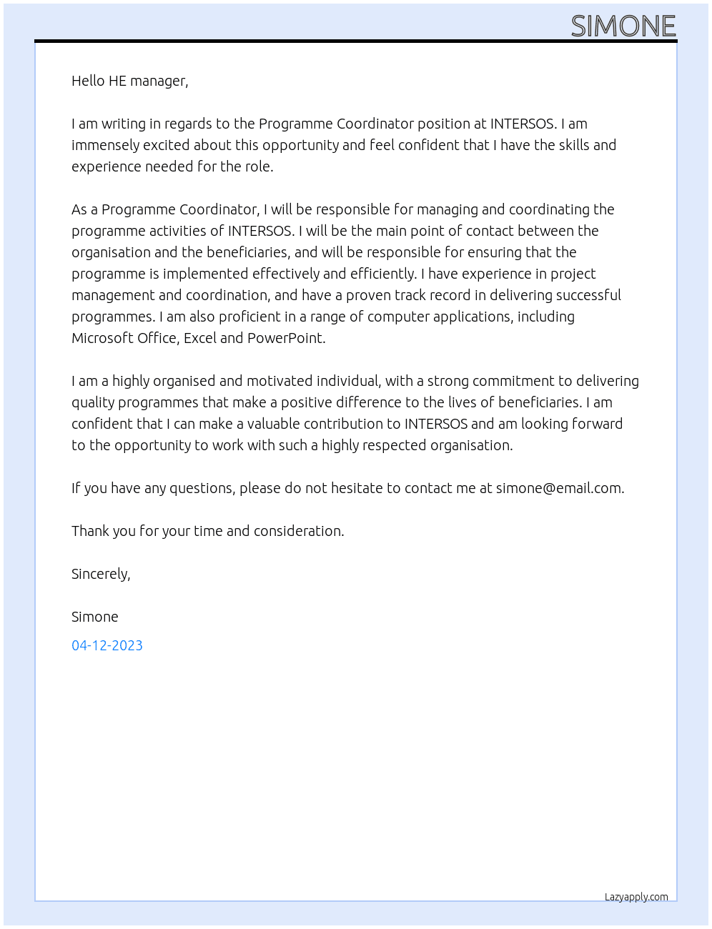 Programme Coordinator At INTERSOS Cover Letter