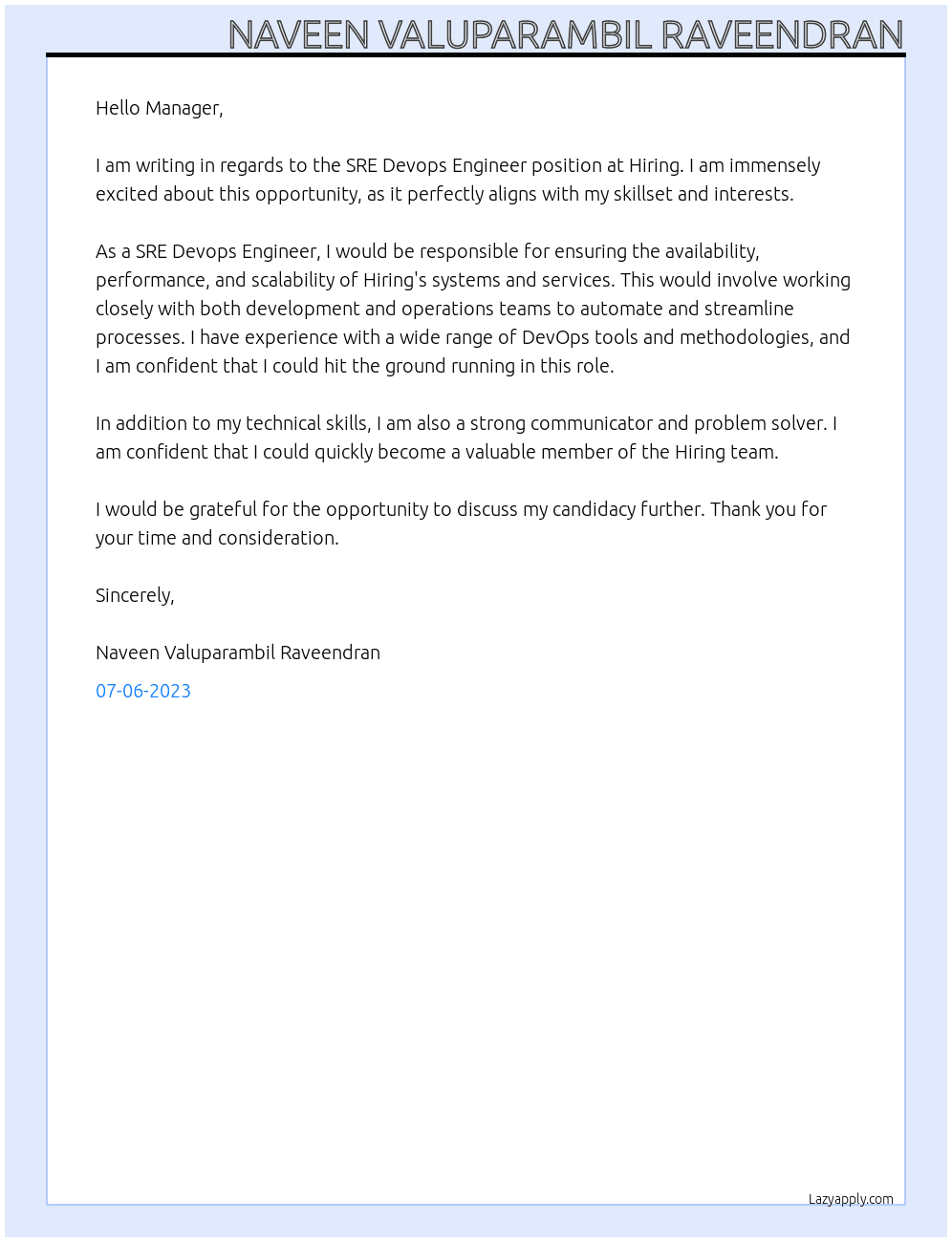 SRE Devops Engineer At Hiring Cover Letter