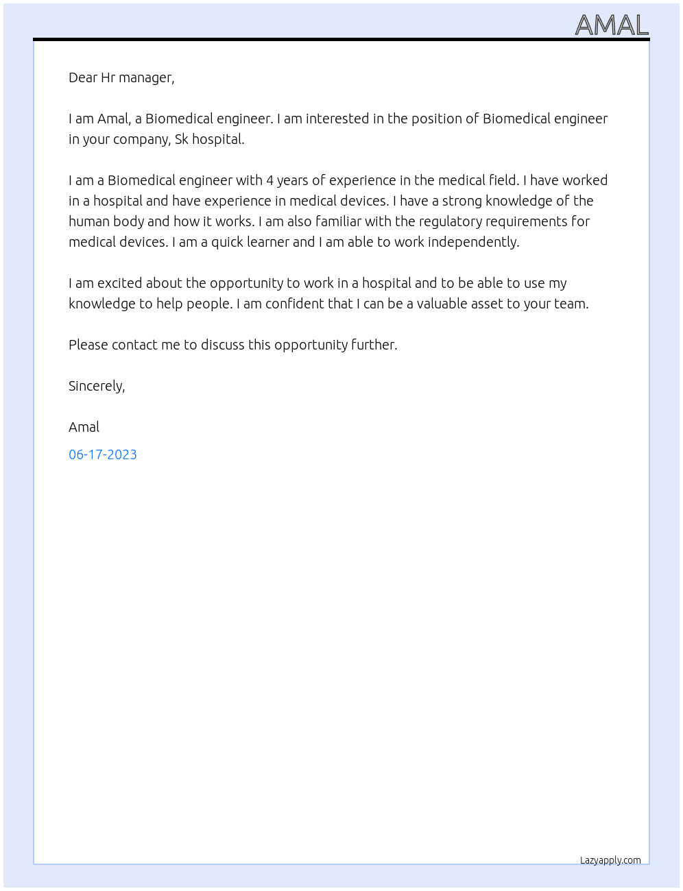 Biomedical engineer  At Sk hospital  Cover Letter