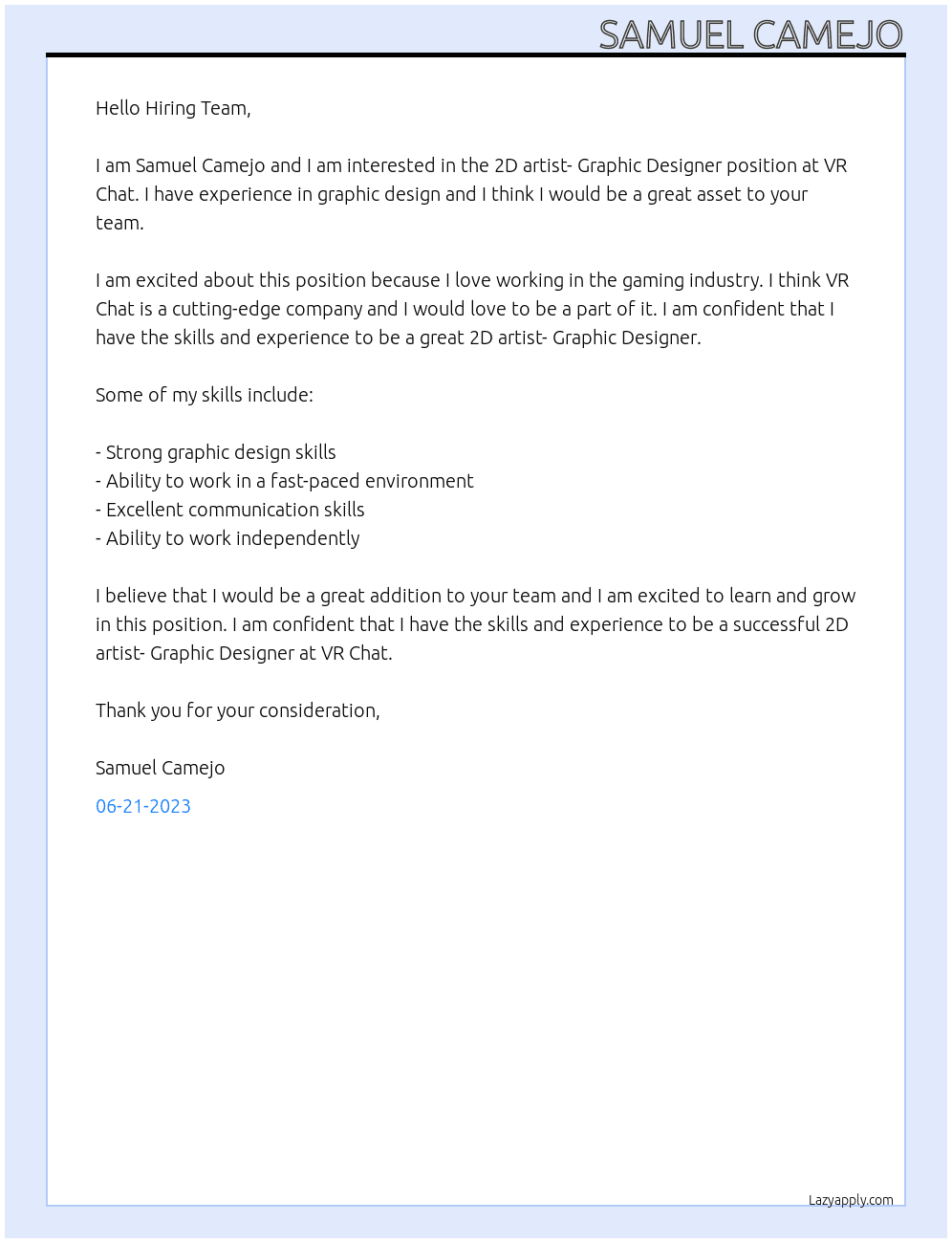 2D artist- Graphic Designer At VR Chat Cover Letter