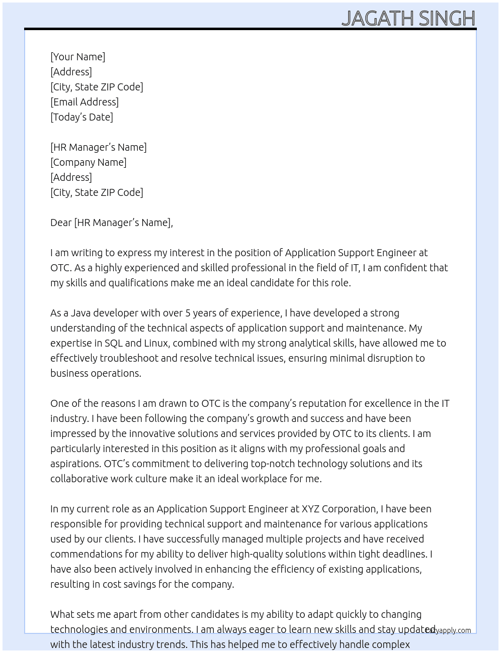 Application Support Engineer At OTC Cover Letter